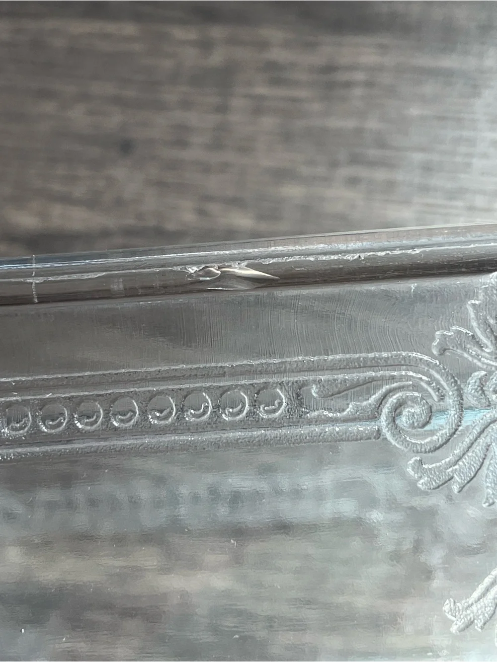 Beautiful Fire King loaf pan. Decorative. Chip on outside and rim. See photos